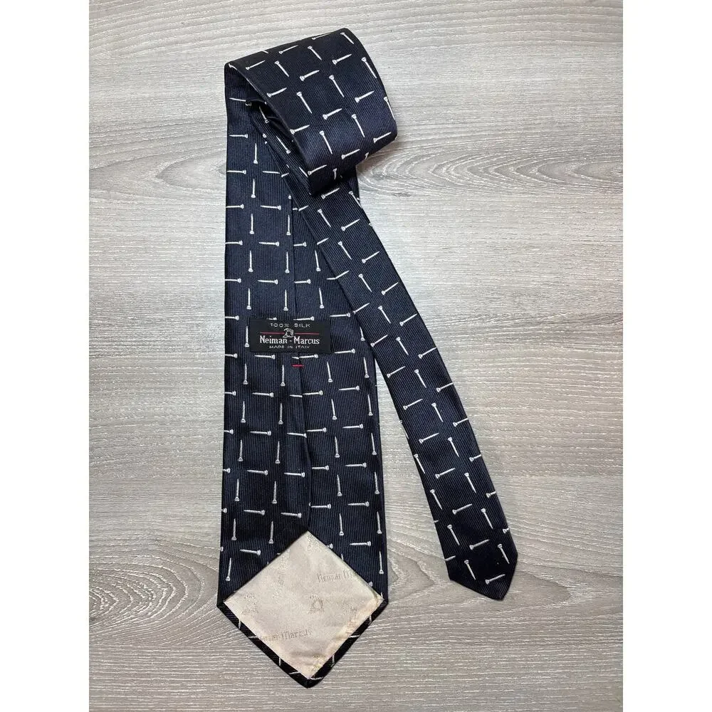 Vintage Neiman Marcus 100% Silk Tie- Black White Repeating Tee Design Tie- Italy